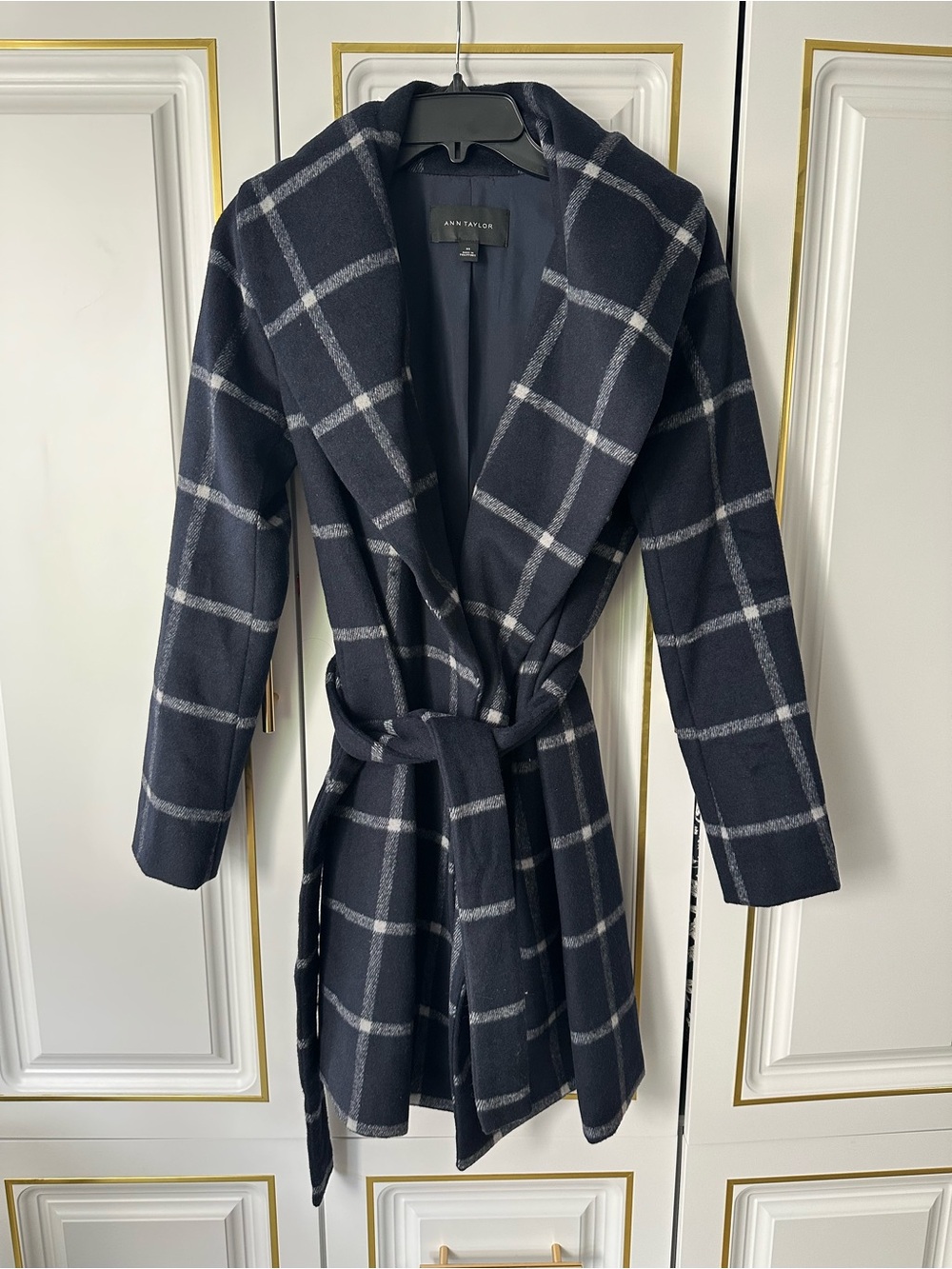 Ann Taylor Navy & Gray Windowpane Wrap Coat with Belt